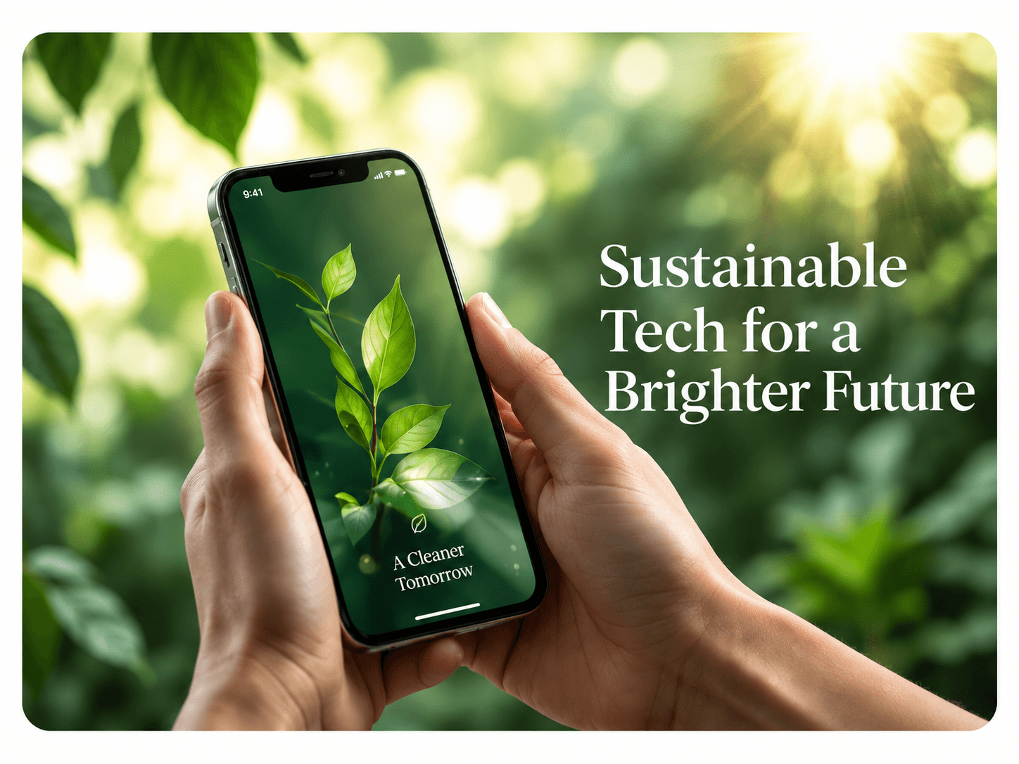 A phone displaying Releck's sustainable technology message in a green setting