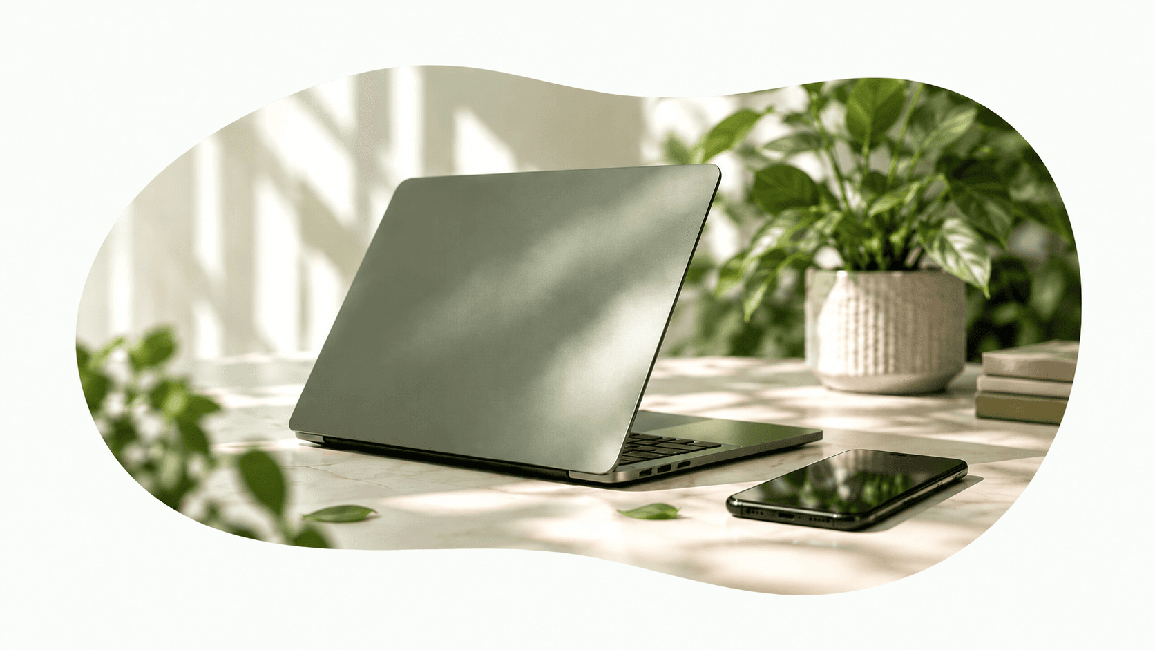 A Releck laptop and phone in a bright, plant-filled workspace
